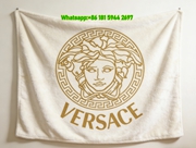 Versace White Gold Medusa Greek Key Logo Printed Flannel Throw Blanket IMG_1283